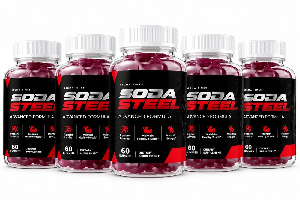 Six bottle pack of Soda Steel daily men's gummies